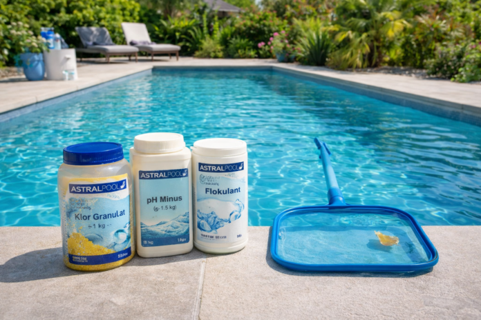 Kemija za bazen AstralPool – klor granulat, pH minus i flokulant uz bazen